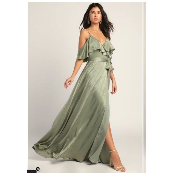 Lulus Shimmering Teal Ruffle Wrap Maxi Dress With Spaghetti Straps - Elegant Eve - Picture 1 of 9